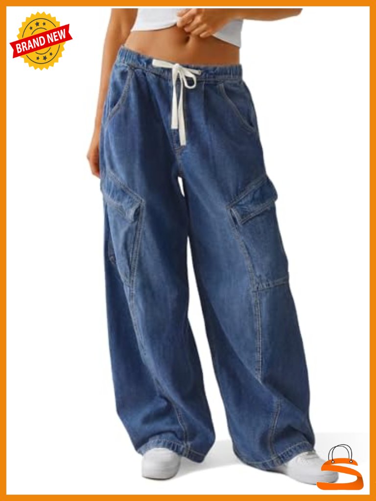 Baggy Wide Leg Jeans Low Rise Drawstring Boyfriend Denim Pants Y2k Loose Fit